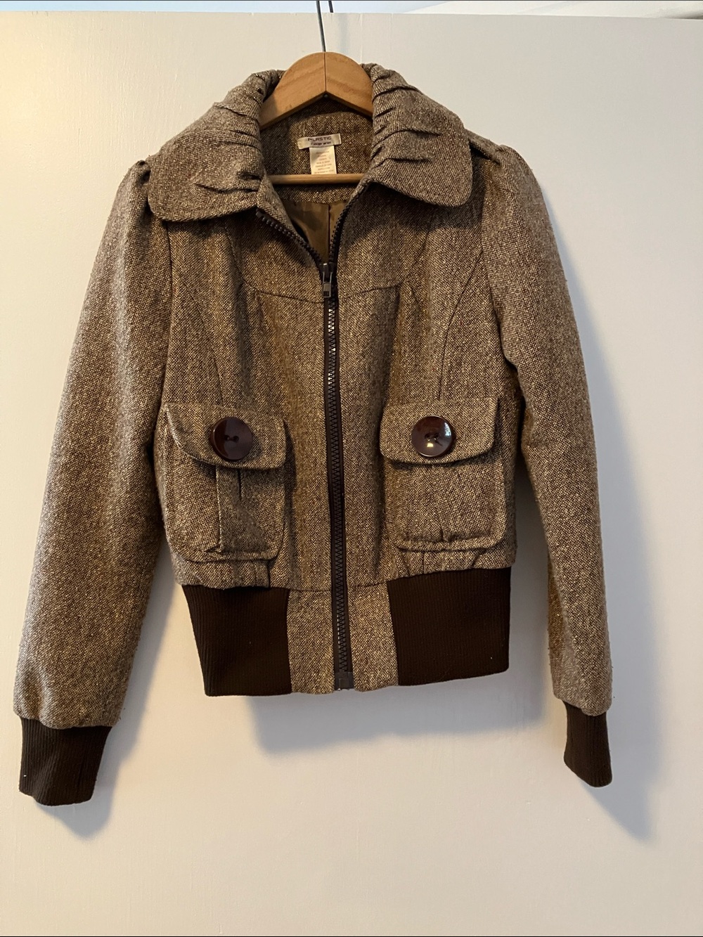 Women’s Brown Tweed with Gold accent Bomber Jacket with Rib Trim